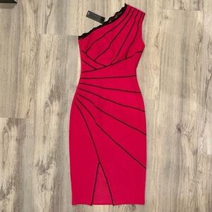 NWT VFShow Hot Pink Black Asymmetrical Midi Bodycon Cocktail Dress Size XS